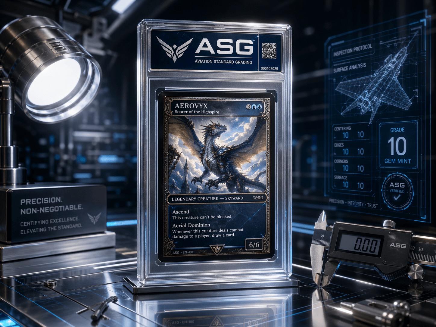 ASG graded collectible card in a precision inspection lab